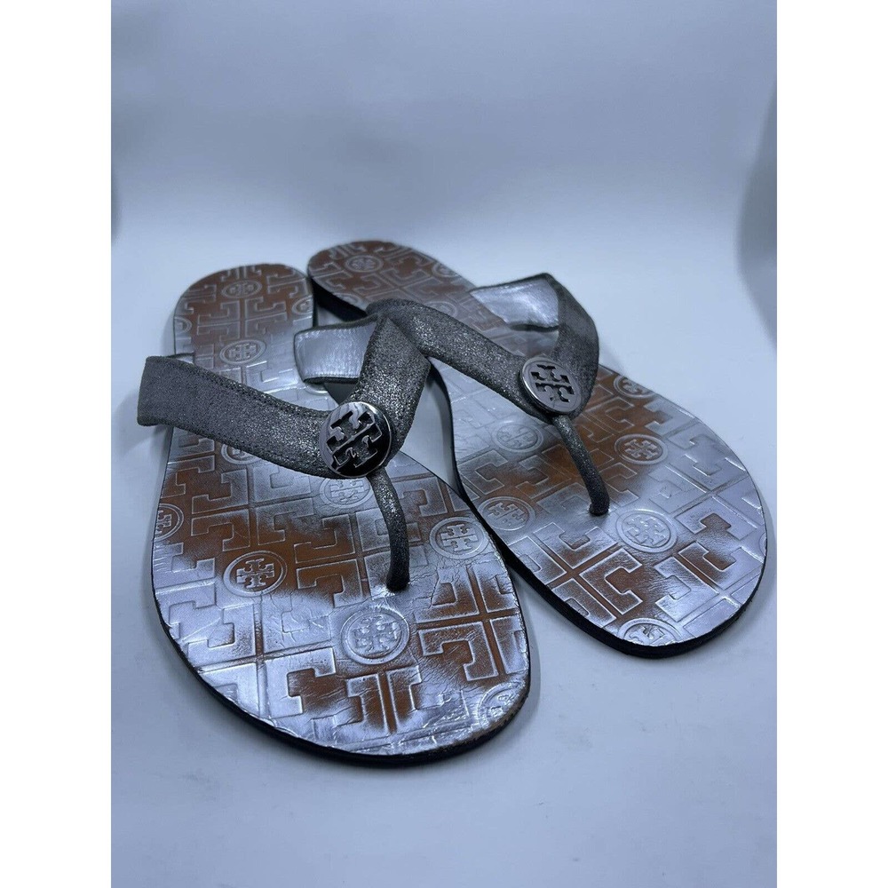 Tory Burch Thora Silver Sparkle Brow Metallic Logo Thong Sandals Women's Size 11